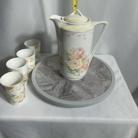 Vintage Three Crown China Rose Pitcher & 4 Cup Set Germany Gold Trim 1920's - Picture 8 of 10